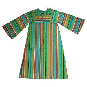 70s vintage stripe towel bell sleeve caftan dress terry cloth multicolour loose.